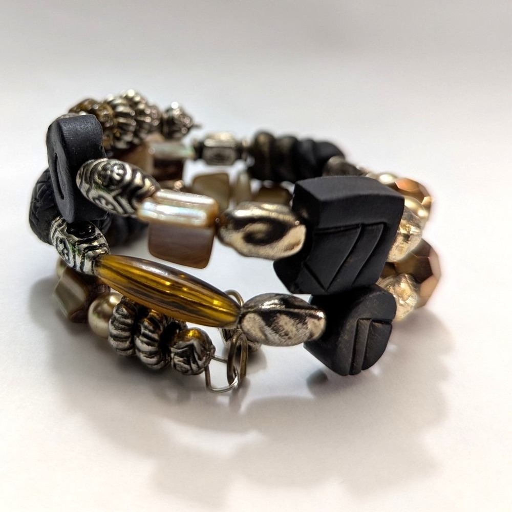 Vtg Artisan Beaded Coil Bracelet Shell Crystal Neutral Tones Unique Wrap Style